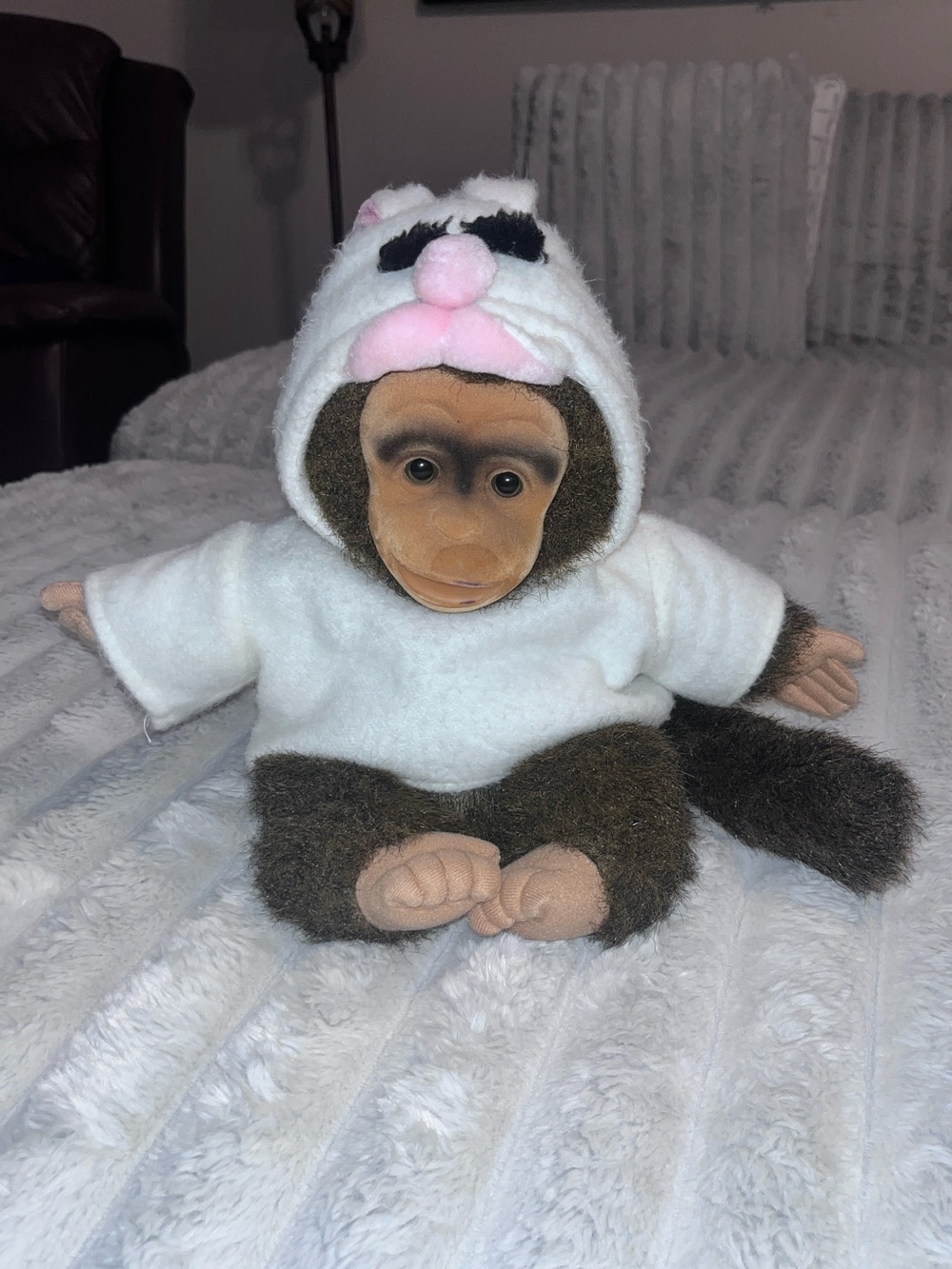 Hosung 1994 Baby Monkey Plush Hand Puppet White Bunny Costume Hoodie Vintage EUC